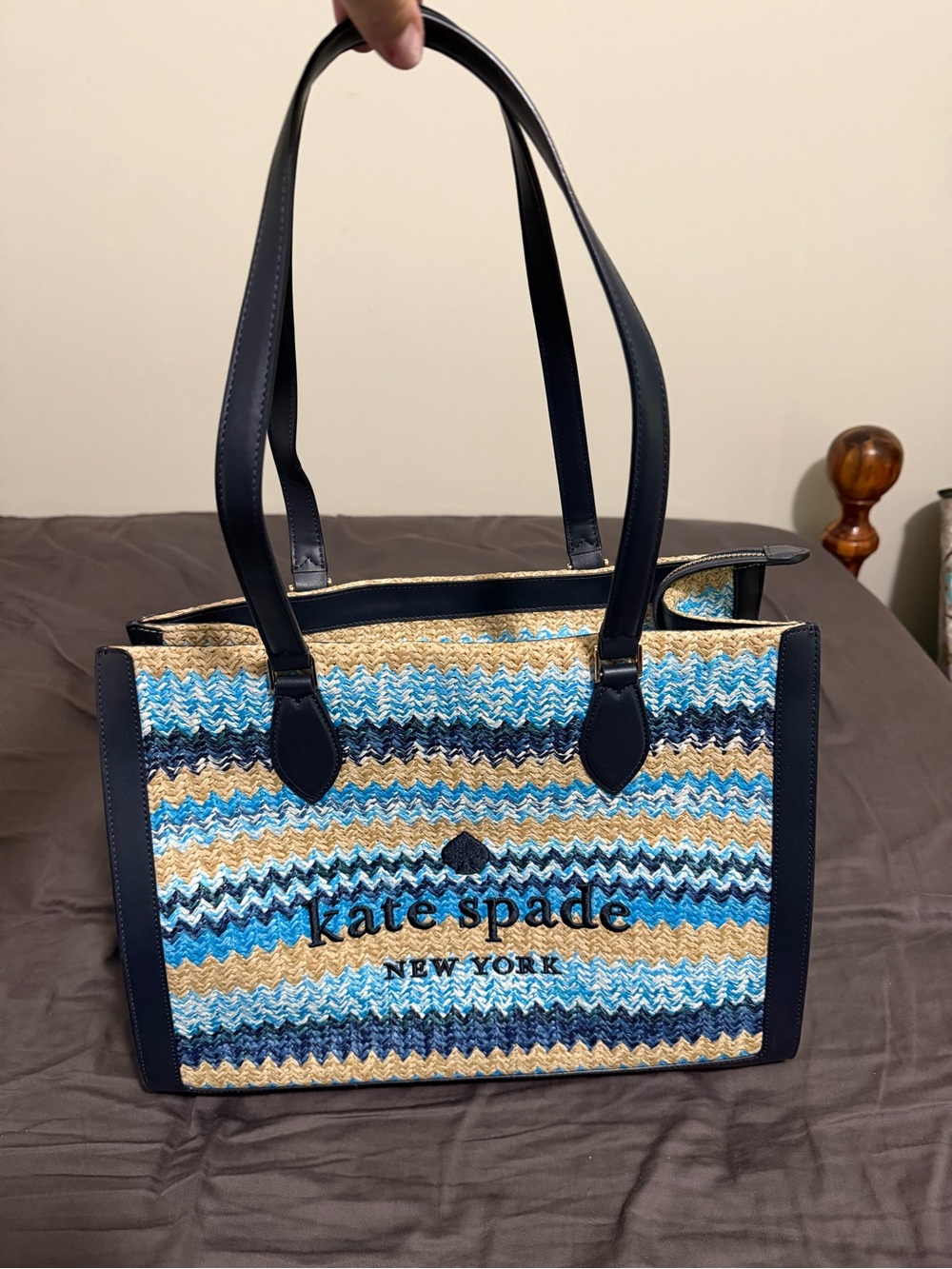kate spade Navy and Blue Striped Straw Tote - Picture 2 of 9